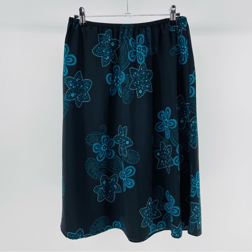 Y2K Silky Black Blue Floral Print Skirt, Elastic Waist, Women's 10P